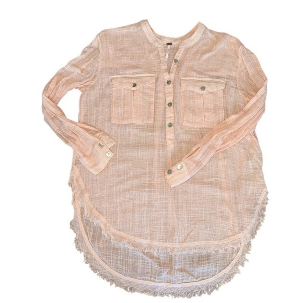 Free People Peach Tunic Shirt Fringe Hem Button Front Pockets Size Medium